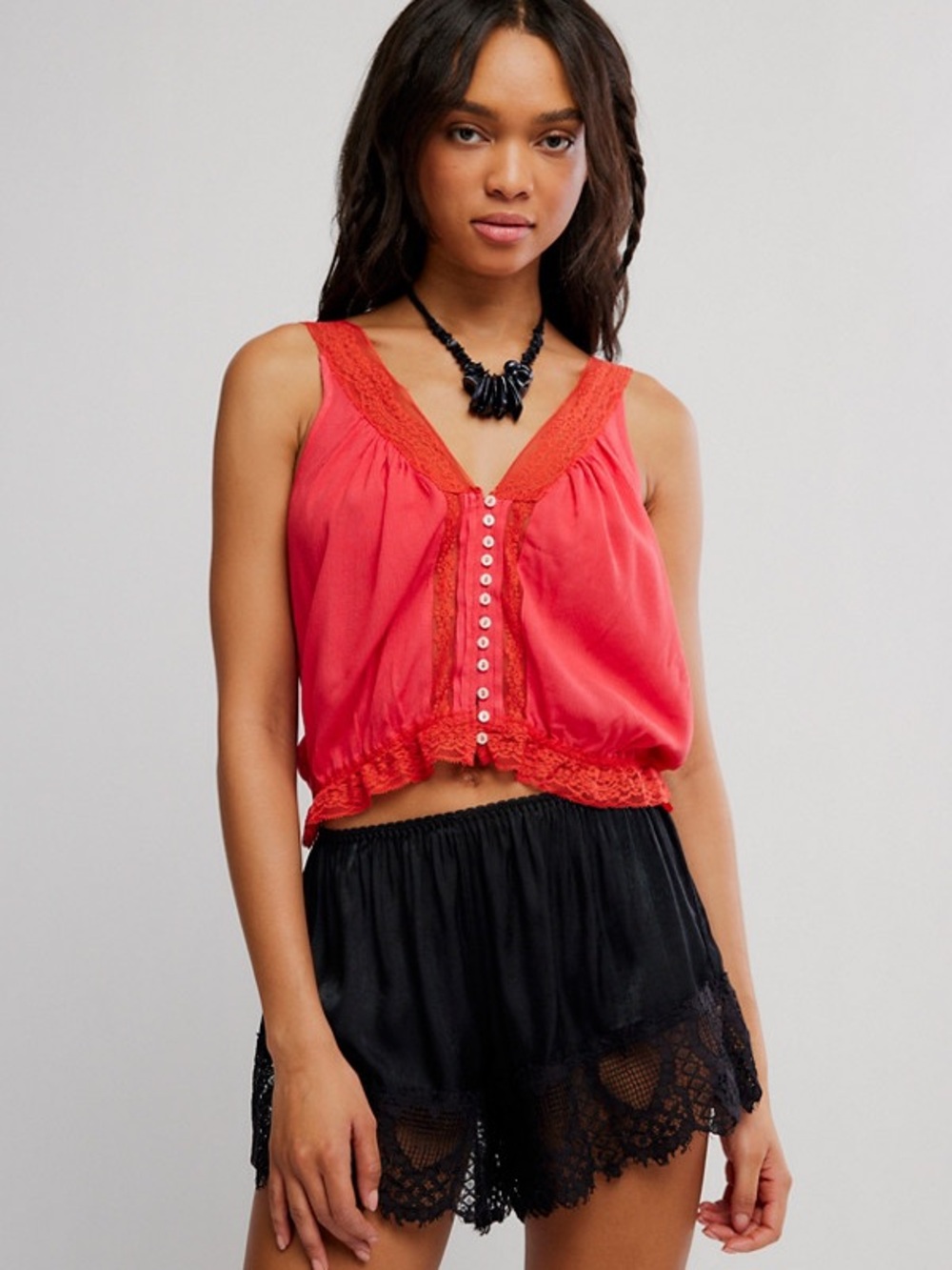 Free People Coral Lace-Trim Button Front Tank